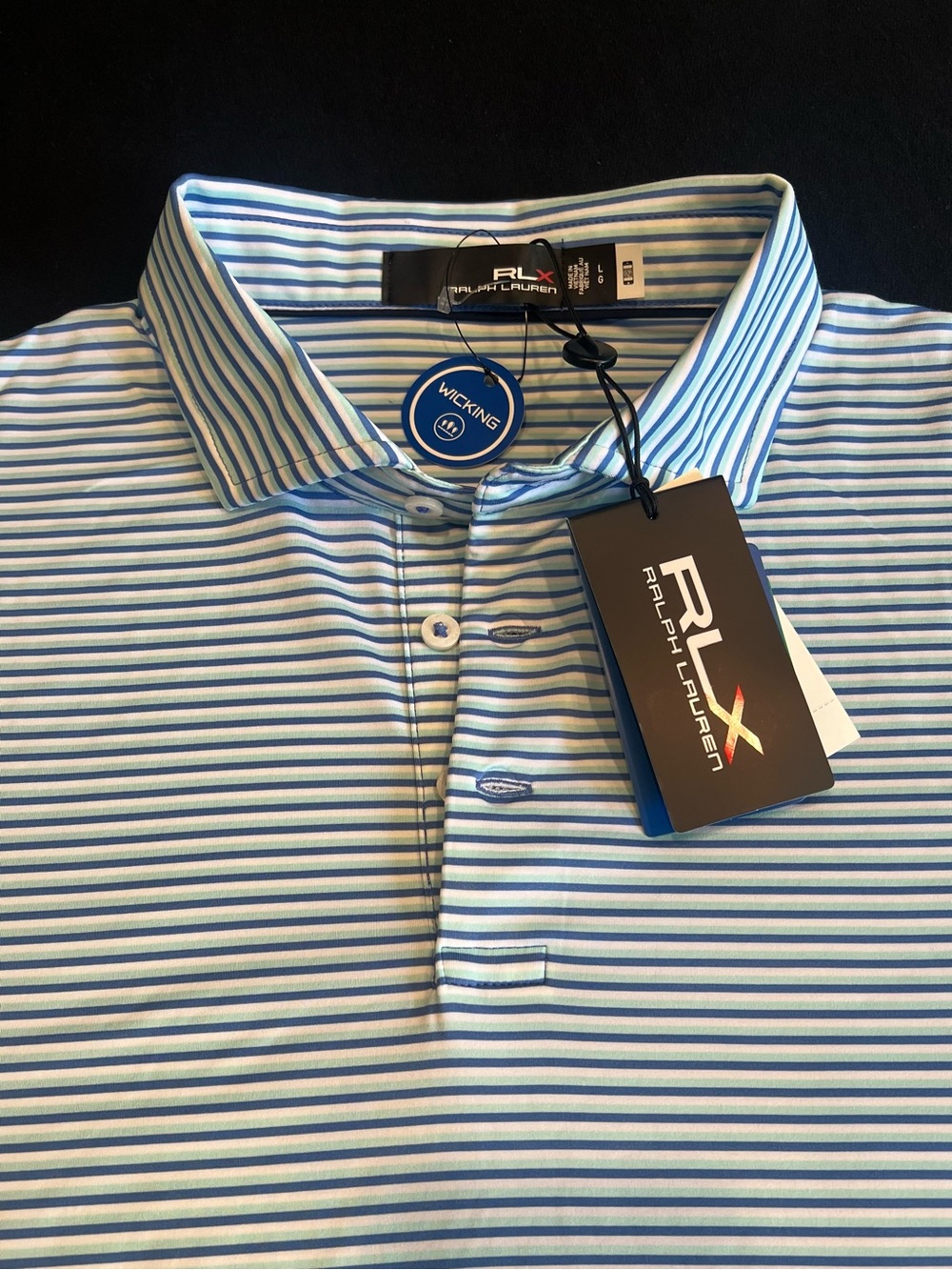 NEW Ralph Lauren RLX Blue White Horizontal Striped Golf Polo Shirt Mens Large